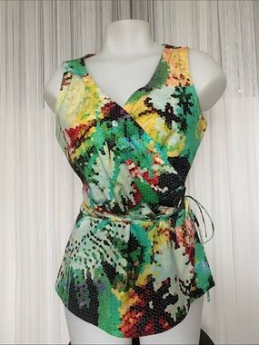Katherine Barclay Multicolor Mosaic Wrap Tank - Green, Turquoise & Red Accents M
